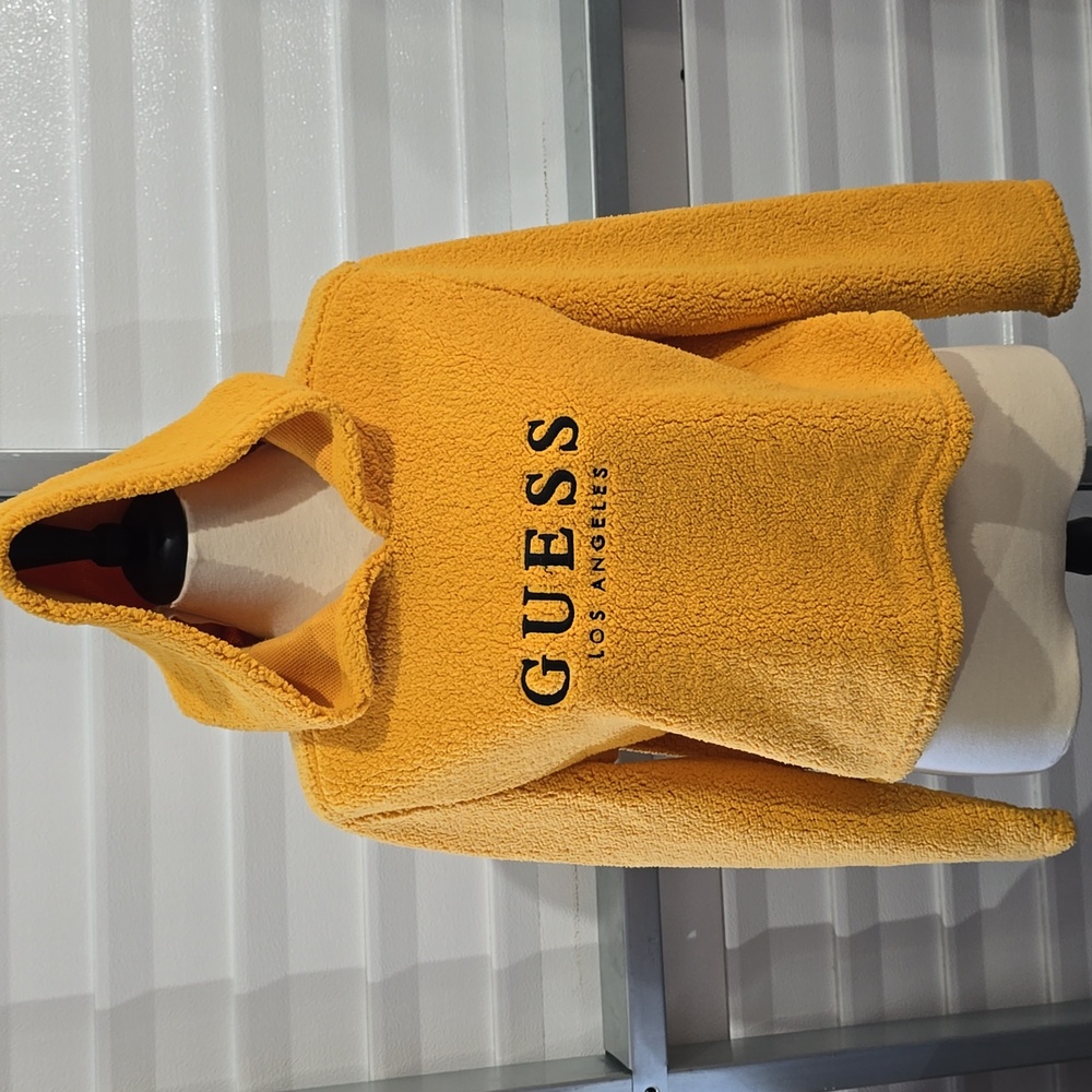 GUESS Yellow Puffy Fleece Crop Top Hoodie Women's Size Medium